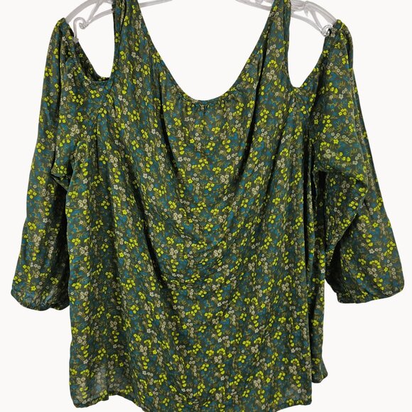 Dainty Floral Cottage Boho Cabincore Cold Shoulder Blouse Prana Green Yellow XL - Picture 6 of 10